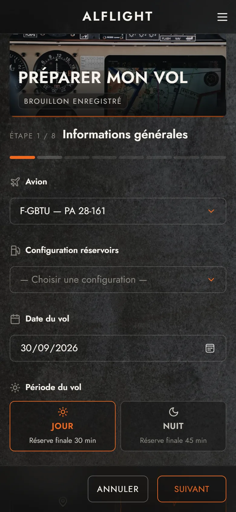 Écran «&nbsp;Je prépare mon vol&nbsp;» de l'application Alflight