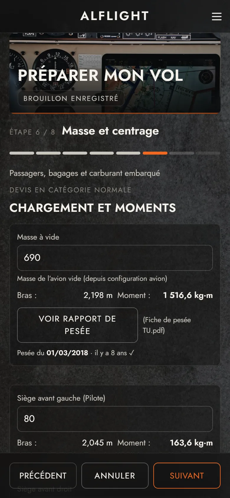 Écran masse et centrage avec le détail des calculs