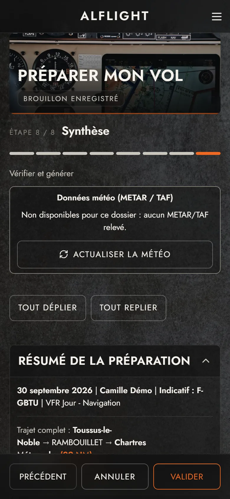 Écran synthèse et log de navigation