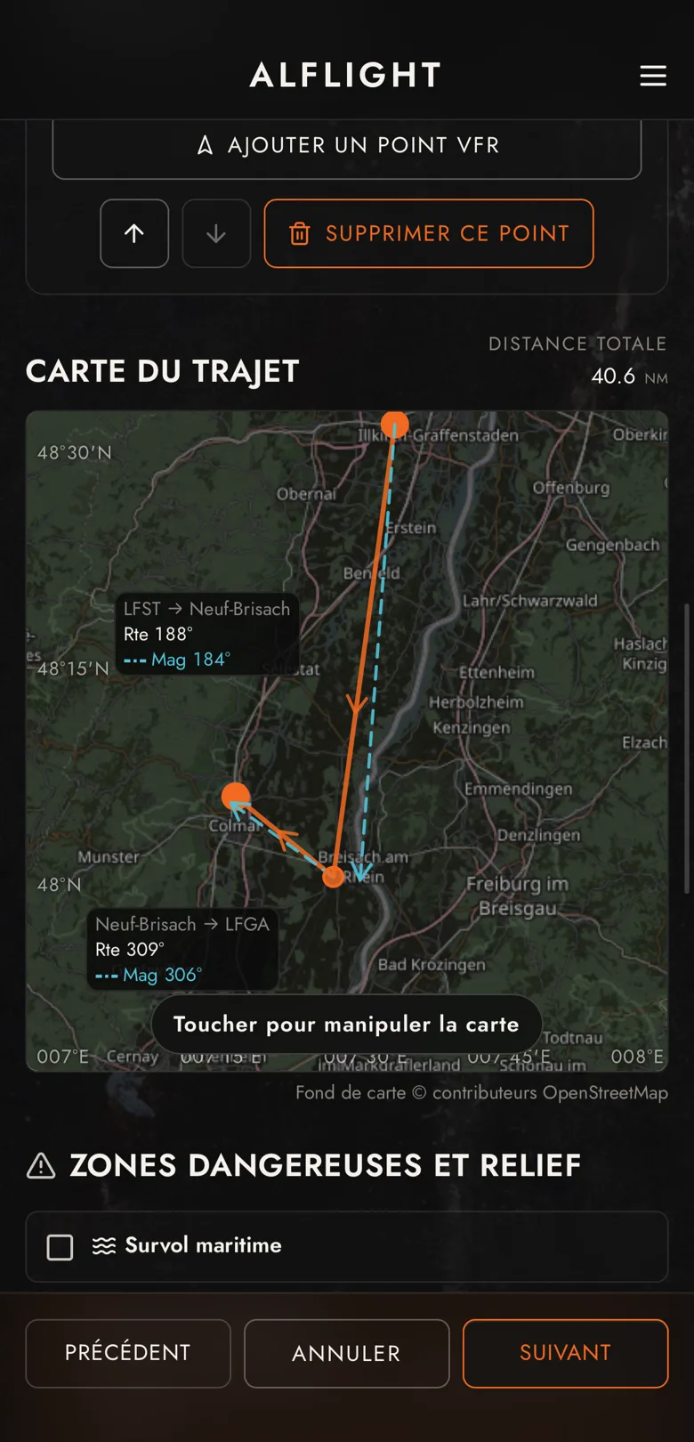 Carte du trajet avec routes vraies et magnétiques par branche