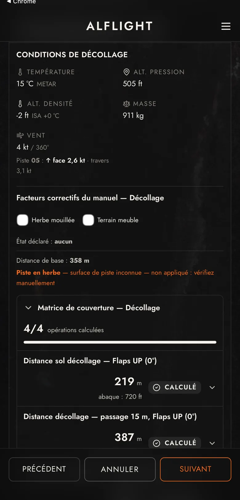 Conditions de décollage et distances calculées, avec facteurs correctifs du manuel